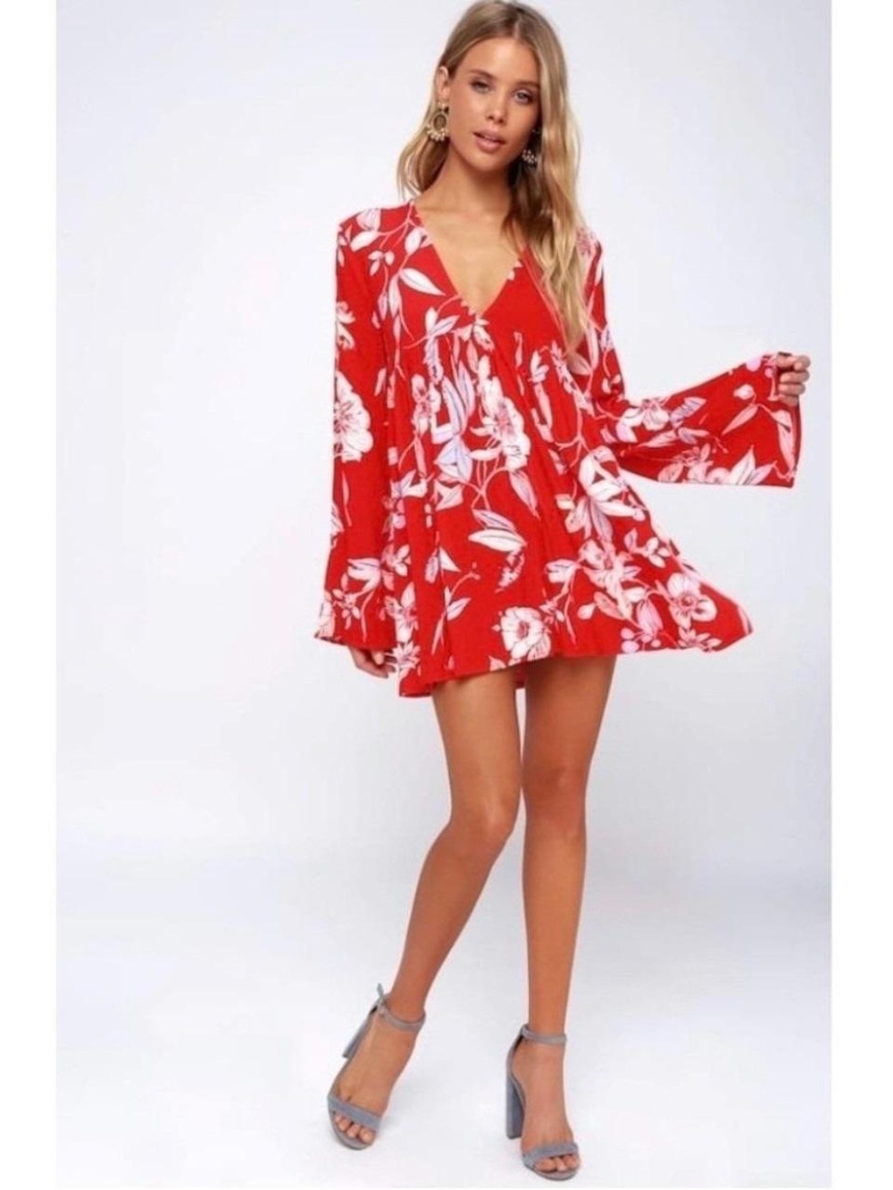 NWT Free People Red/White Floral V-Neck Mini Tunic Long Sleeve Dress Women’s S
